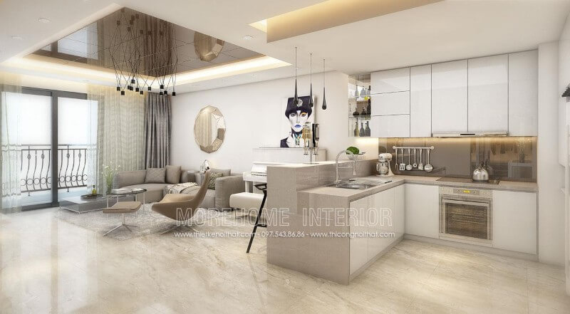 Ý tưởng thiết kế mẫu tủ bếp chung cư bằng gỗ Acrylic màu trắng chủ đạo kết hợp đá ốp bếp nhân tạo solid surface LG tạo nên một không gian bếp hiện đại và sang trọng Tủ bếp đẹp, sang trọng và đẳng cấp
