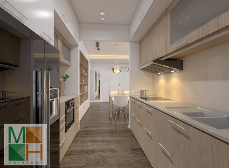 Với diện tích căn bếp nhỏ không còn là nỗi lo nếu chúng ta biết cách bố trí nội thất hợp lí và sử dụng hệ tủ bếp đa chức năng sát tường giúp tiết kiệm diện tích không gian Thiết kế tủ bếp, sản xuất tủ bếp chung cư