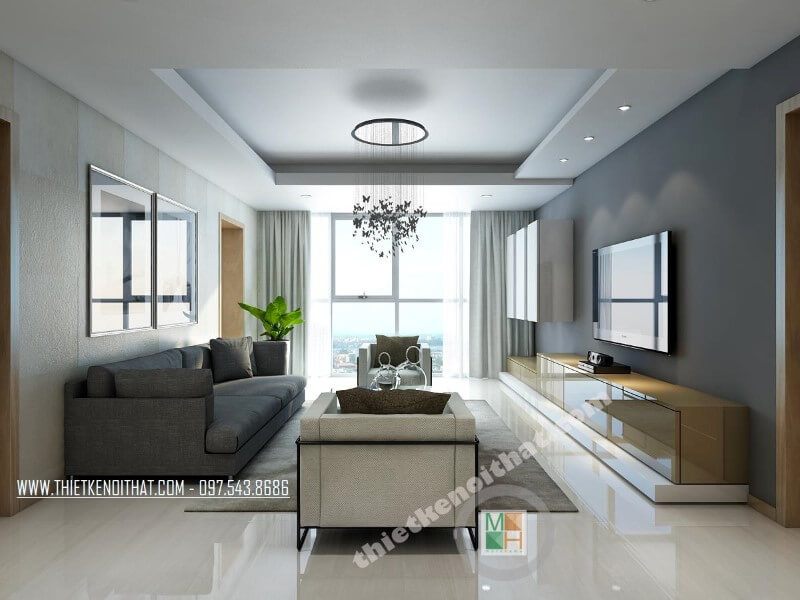 Mẫu thiết kế nội thất chung cư tiện nghi với bộ sofa vải hiện đại tạo điểm nhấn nổi bật cho căn phòng.