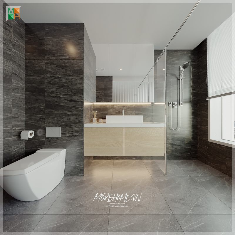 Bàn đá lavabo màu trắng mang tới sự tinh tế ấn tượng và tiện nghi mỗi khi bước chân vào căn phòng.