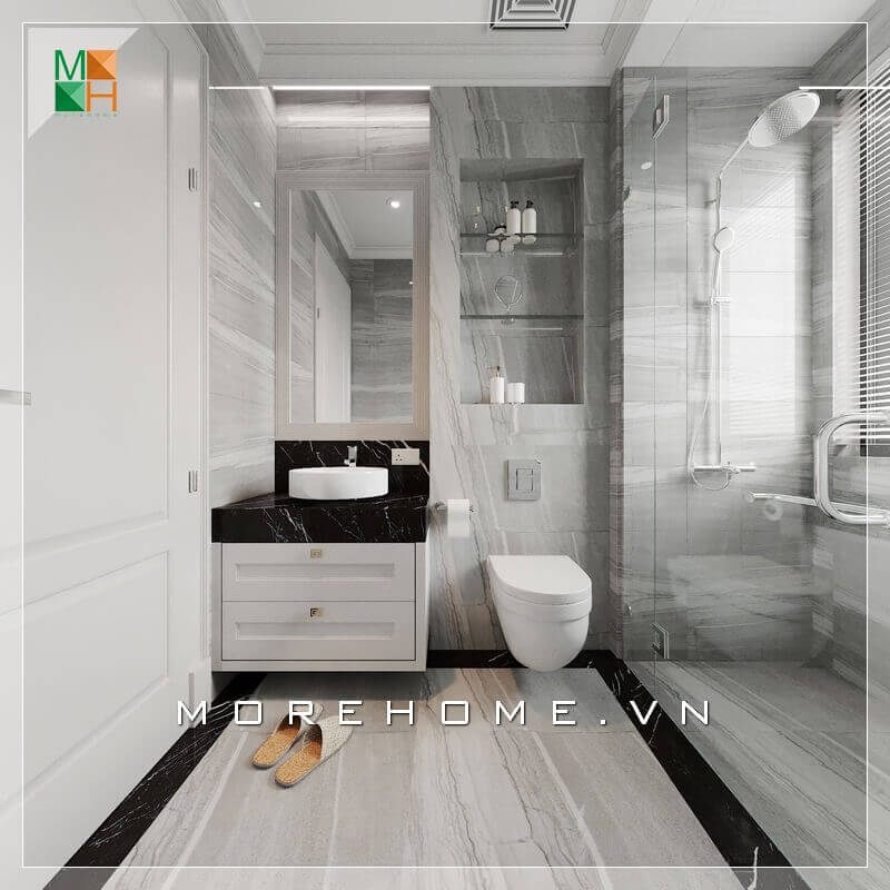 Sử dụng kính cường lực trong suốt làm vách ngăn giữa nhà tắm và nhà vệ sinh tạo cảm giác rộng rãi và thông thoáng hơn.
