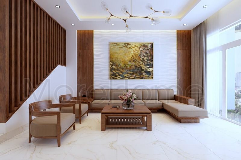 Nội thất Sofa gỗ cao cấp chữ L bọc da sang trọng kết hợp với bàn trà gỗ đơn giản toát lên sự sang trọng cho căn phòng