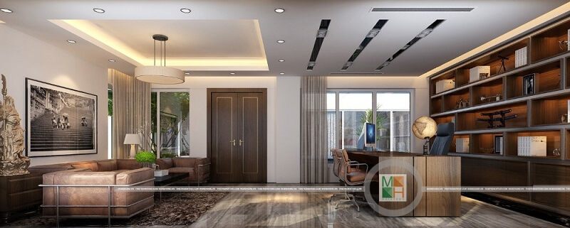 Mẫu thiết kế nội thất phòng giám đốc hiện đại với kệ sách lớn ốp tường gỗ công nghiệp chất lượng