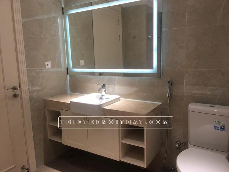 Thi công lắp đặt tủ gỗ công nghiệp dưới lavabo cho phòng vệ sinh phòng tắm chung cư Dcapital Trần Duy Hưng Cầu Giấy Hà Nội