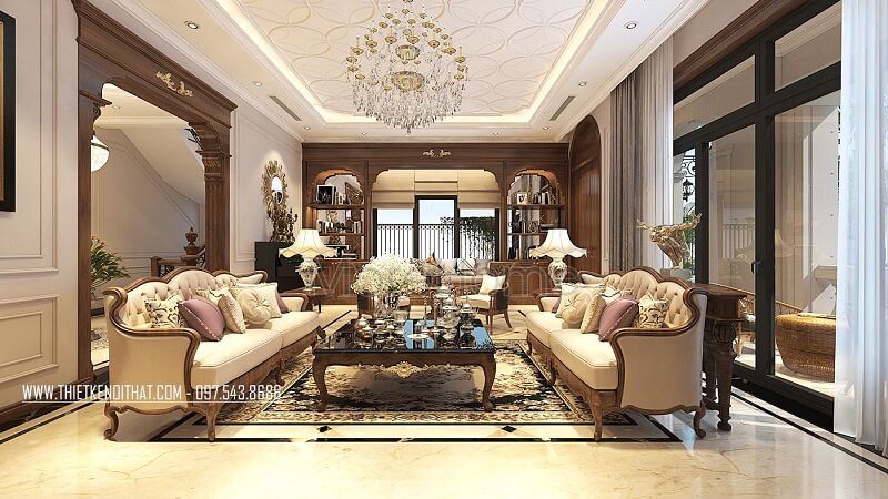 Bàn trà phòng khách màu nâu trầm bóng mượt với những đường nét tinh tế tạo điểm nhấn nổi bật cho căn phòng