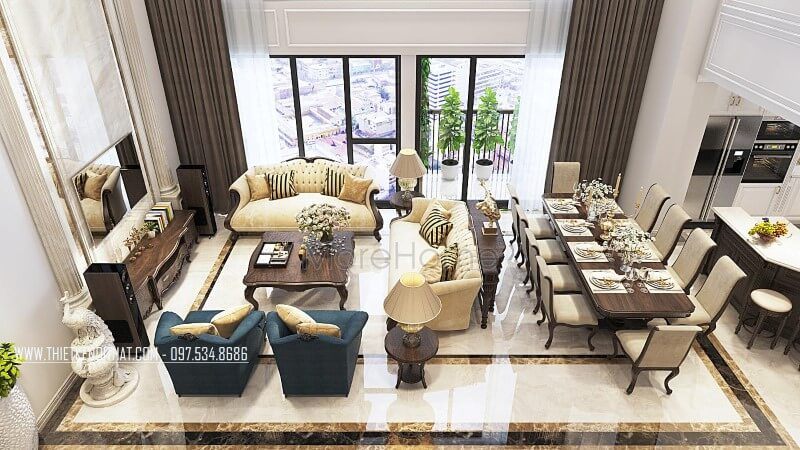 Khách hàng tại Hà Nội có thể thưởng thức sự sang trọng của bộ sofa gỗ óc chó nhập khẩu bọc nỉ cao cấp dành cho căn hộ Duplex Thanh Xuân. Nếu bạn thích bộ sofa phòng khách óc chó tân cổ điển này, hãy liên hệ Morehome để được tư vấn.
