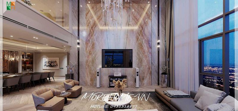 Phòng khách căn hộ cao cấp được trang bị nội thất để phân chia khoa học với sự tiện nghi và thẩm mỹ sang trọng cao cấp.