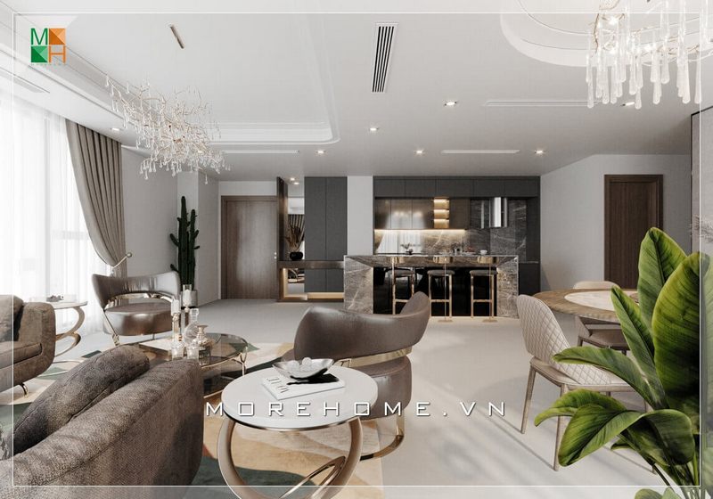 Mẫu thiết kế nội thất giúp kết nối liền mạch giữa phòng khách và phòng bếp của khách sạn là rất tiện lợi.