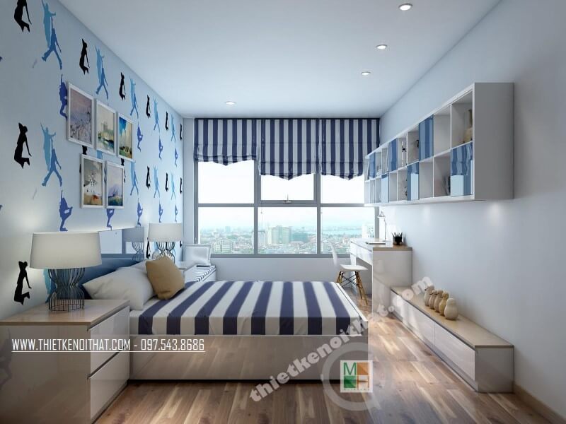 Để tạo ra một không gian nghỉ ngơi thoải mái và dễ chịu cho bé, thiết kế phòng ngủ có tông màu xanh mát nhẹ nhàng sẽ là lựa chọn tốt nhất. Đồng thời, tủ kéo dài cũng sẽ tạo ấn tượng về sự tiện lợi và trẻ trung.