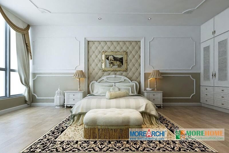 Sử dụng tone màu trắng chủ đạo, thiết kế nội thất phòng ngủ tân cổ điển sẽ mang lại cảm giác sang trọng và ấm cúng.
