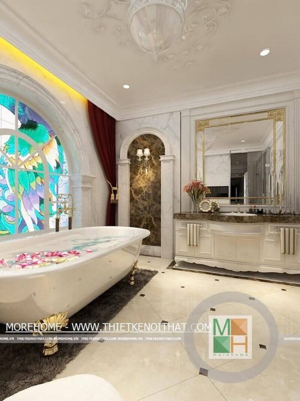 Phòng tắm được thiết kế sang trọng với bồn tắm và đường nét trang trí theo phong cách tân cổ điển cao cấp cho nhà biệt thự.
